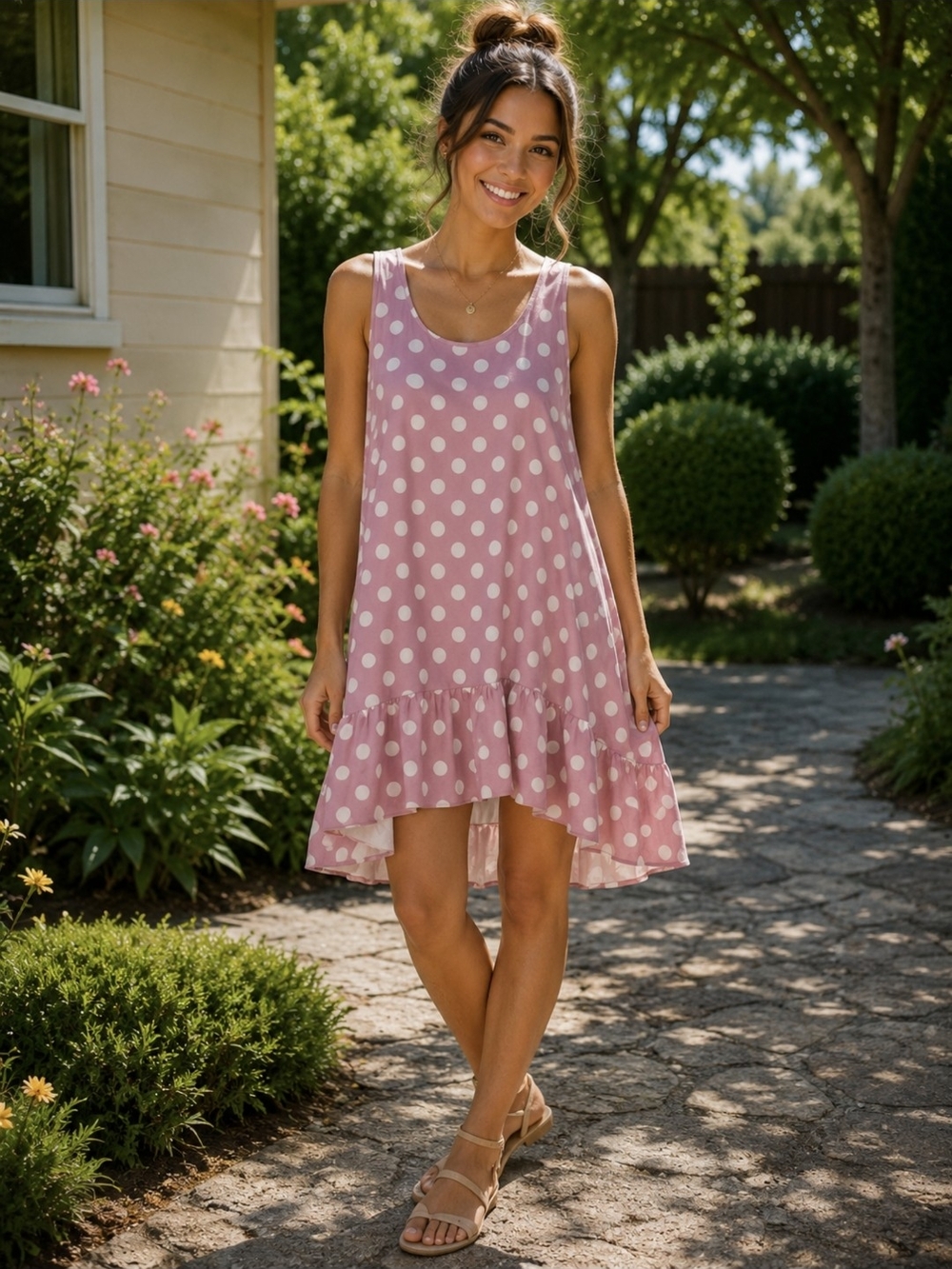 Sleeveless Pink Polka Dot Ruffle Hem Dress